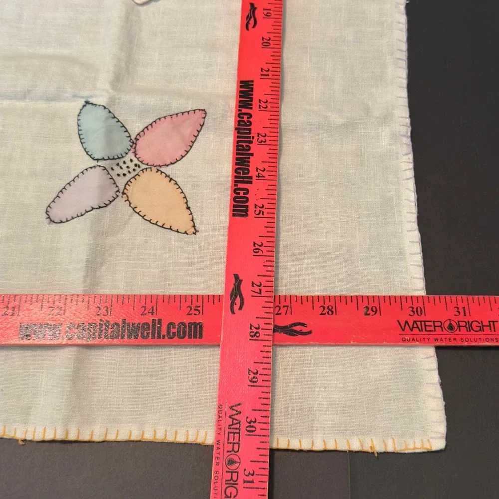 Vintage Tablecloth 30x30 & Napkin Set White Pastel Applique Floral Linen 5pc Set